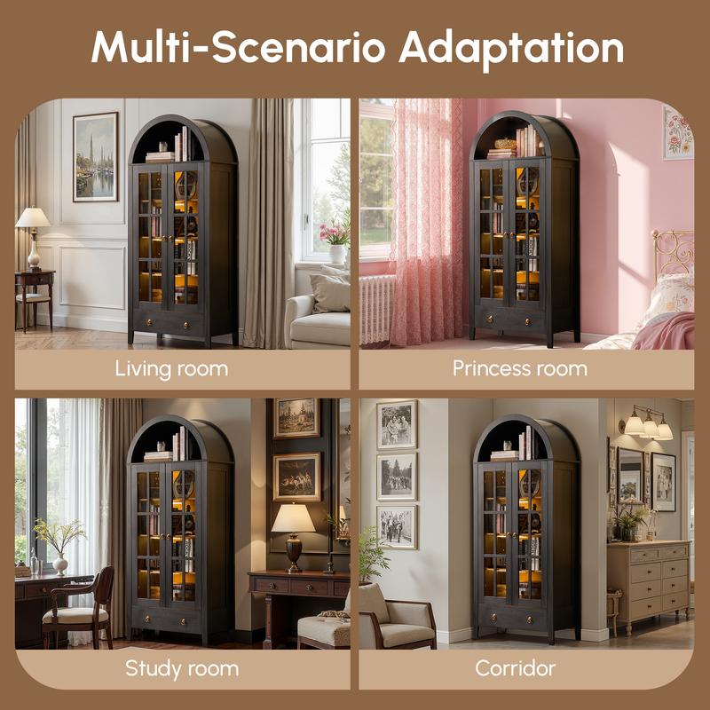 【Jumpstart Sale】71" Tall Arched Kitchen Pantry with Magnetic LED Lights, Modern Farmhouse Wood Kitchens Storage Cabinets with Large Drawers and Glass Door, Versatile Cupboard for Kitchen, Dining Room, Bathroom, Livingroom