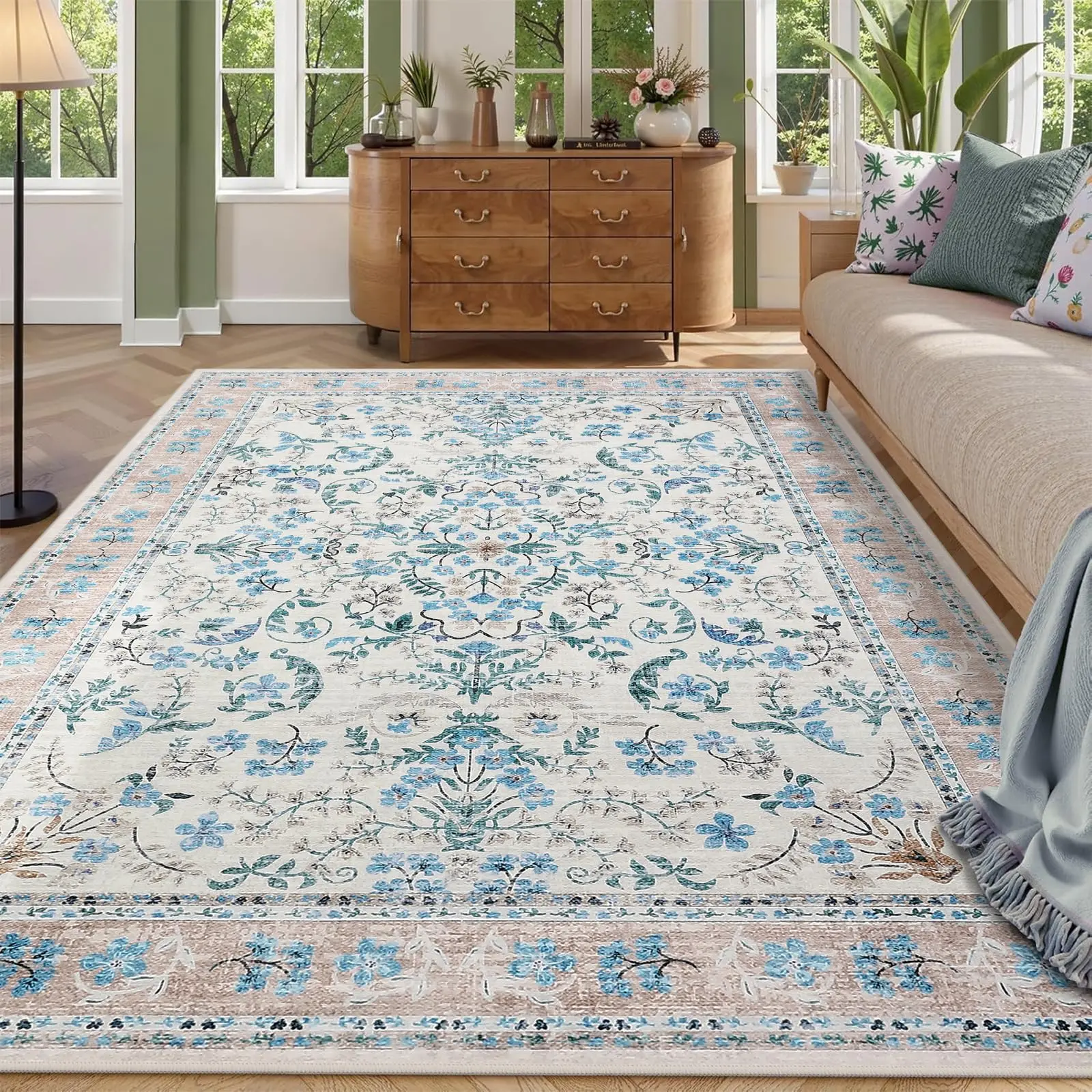 Garvee Washable Area Rug, 5x7 Boho Floral Soft Rugs for Living Room, Non Slip Low Pile Carpet for Bedroom, Dining Room, Nursery, Hallway, Blue