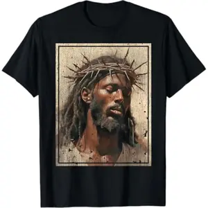 Ootd T Shirt Black Jesus Shirt Face Of Jesus Cross With Crown Of Thorns T-Shirt