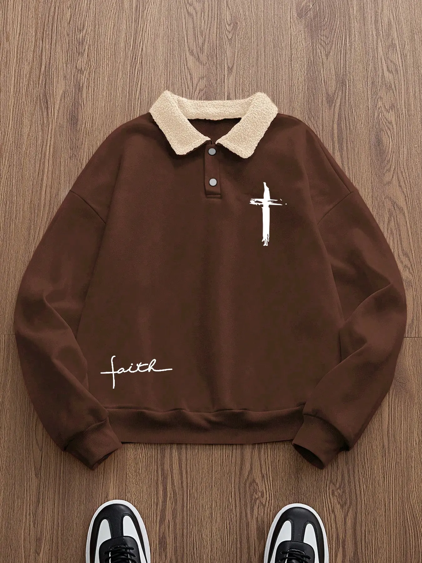 Trendy Retro Lamb Wool Collar Sweatshirt, Cross Print Polo Shirt