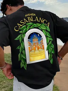 Men's Short Sleeve T-Shirt, Knit, Casablanca Avenue Print, Leaf & Letter Design, Street Style, Streetwear, Casual Fashion, Outdoor Sports, Summer Wear