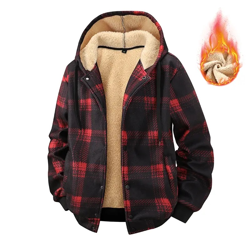 Men's Fall/Winter Thick Red-and-Black Plaid Hooded Jacket - 100% Polyester, Fleece Lining, Wrinkle-Free Shearling Insulation, Loose Fit, American Vintage Style, Machine Washable Casual Outerwear, Plaid Pattern, Smooth, Plush