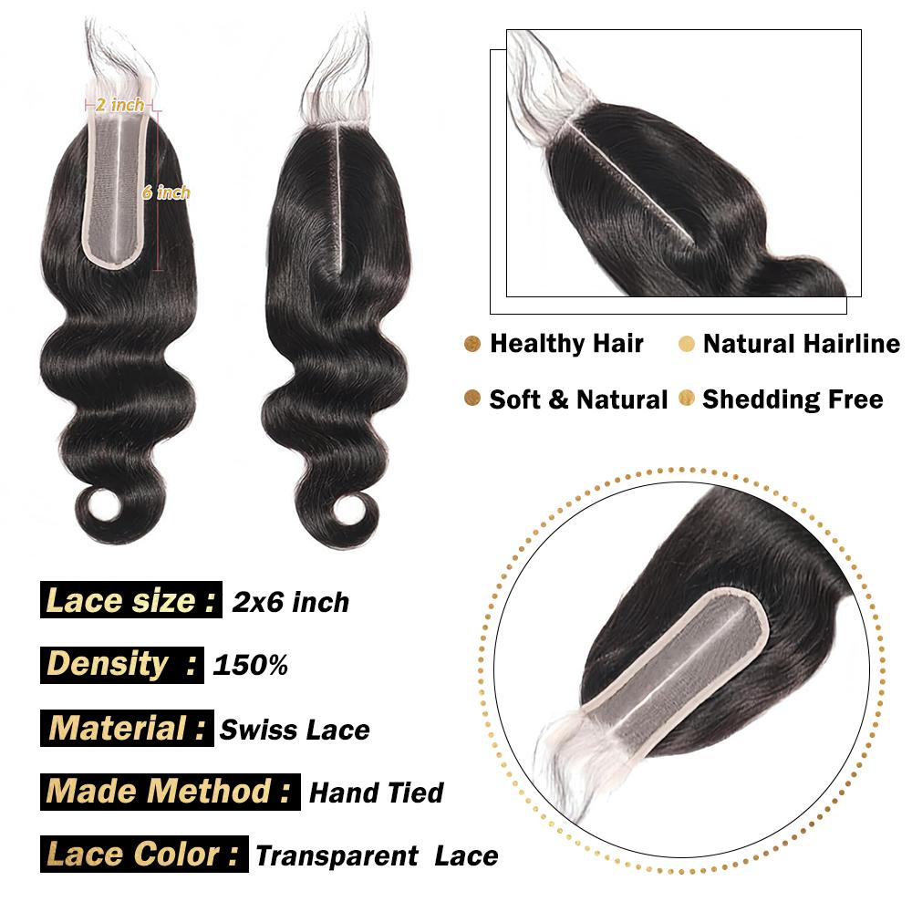 Ramiss 12A Human Hair Bundles with 2x6 Closure Brazilian Body Wave 3 Bundles Human Hair with 2x6 4x4 Lace Closure 100% Unprocessed Virgin Human Hair Weave