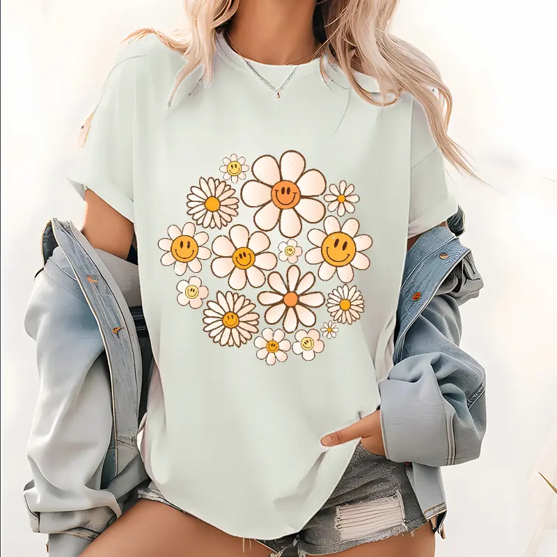 100% Cotton Retro Shirt, Flowers Shirt, Retro Flower Shirt, Retro Daisy Shirt, Daisy Flower Shirt Womens, Flower Smile Faces Shirt, Smile Floral T-Shirt Golf Gift T-Shirt For Men And Women