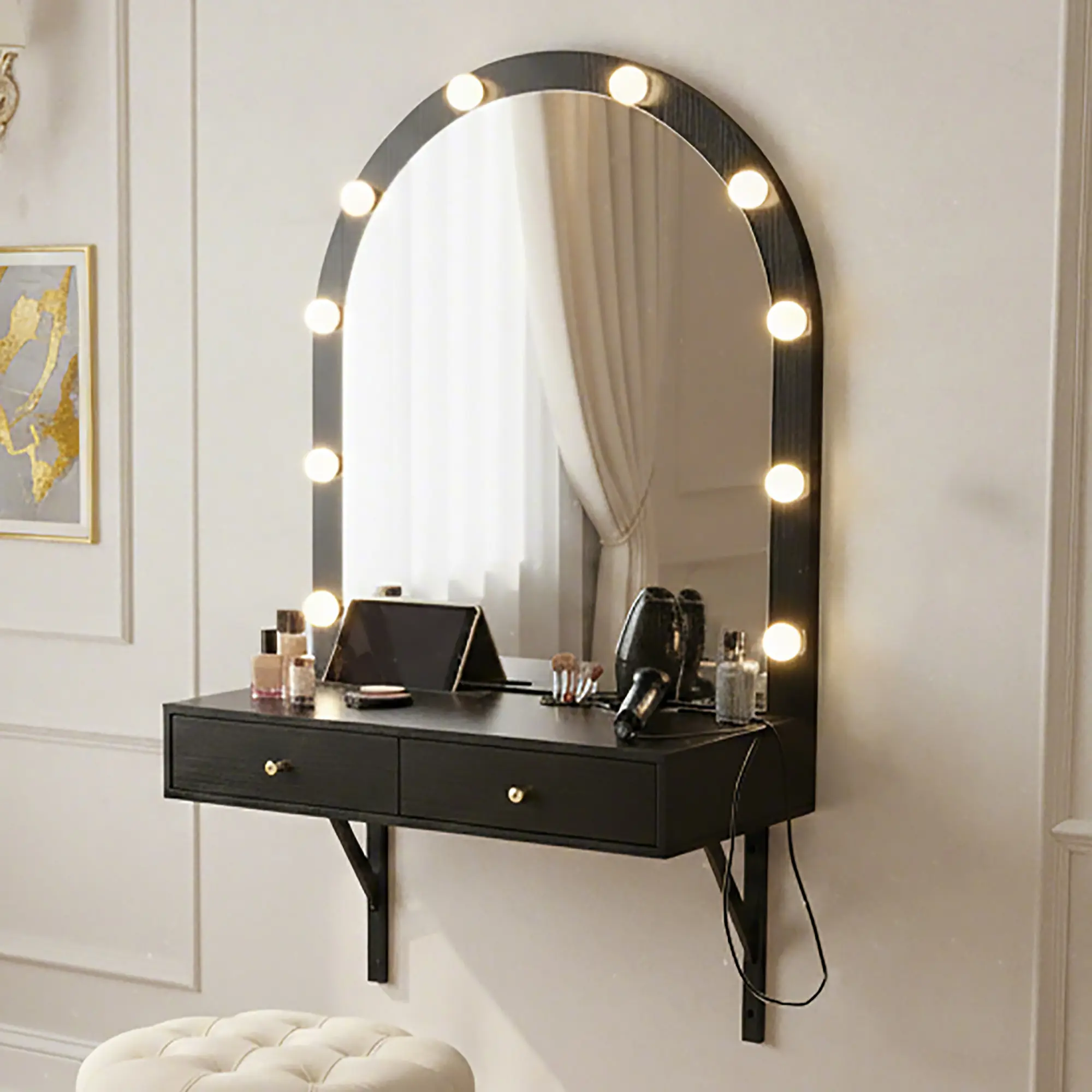 Floating Wall Mounted Makeup Vanity Desk with 3-Color LED Light Mirror, Built-in Power Outlet, Compact Wall Dressing Table with Large Storage for Small Bedroom #FloatingVanity #WallMountedVanity #MakeupVanity #BedroomDecor #SmallSpaceDecor #ApartmentIdeas