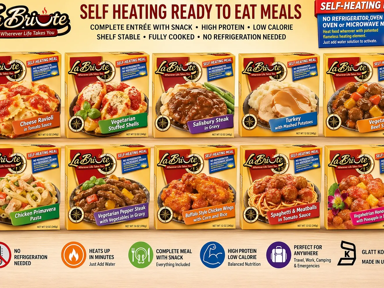 LaBriute Meals – Self Heating Ready to Eat Entrée w/Snack | High Protein, Low-Calorie Pre-Packaged Lunch or Dinner | Shelf Stable, Fully Cooked, No Refrigeration Needed | Glatt Kosher | 12 oz Serving | 10 Flavors Pasta Food