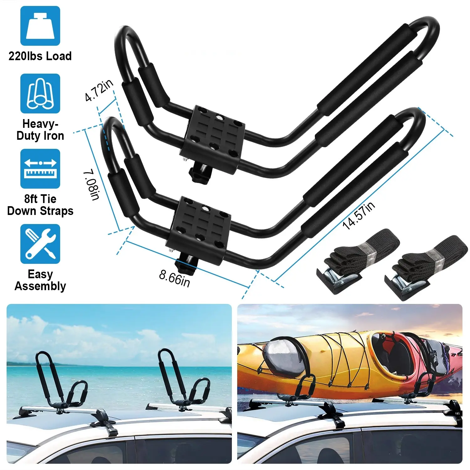Iron J-Shaped Adjustable Roof Rack (1 Pair) for Cars/SUVs, Heavy-Duty Auto Accessory with 220lbs Capacity, Quick Setup, 8ft Straps for Fishing, Surfing, Car Accessory Compatibility, Auto Accessories