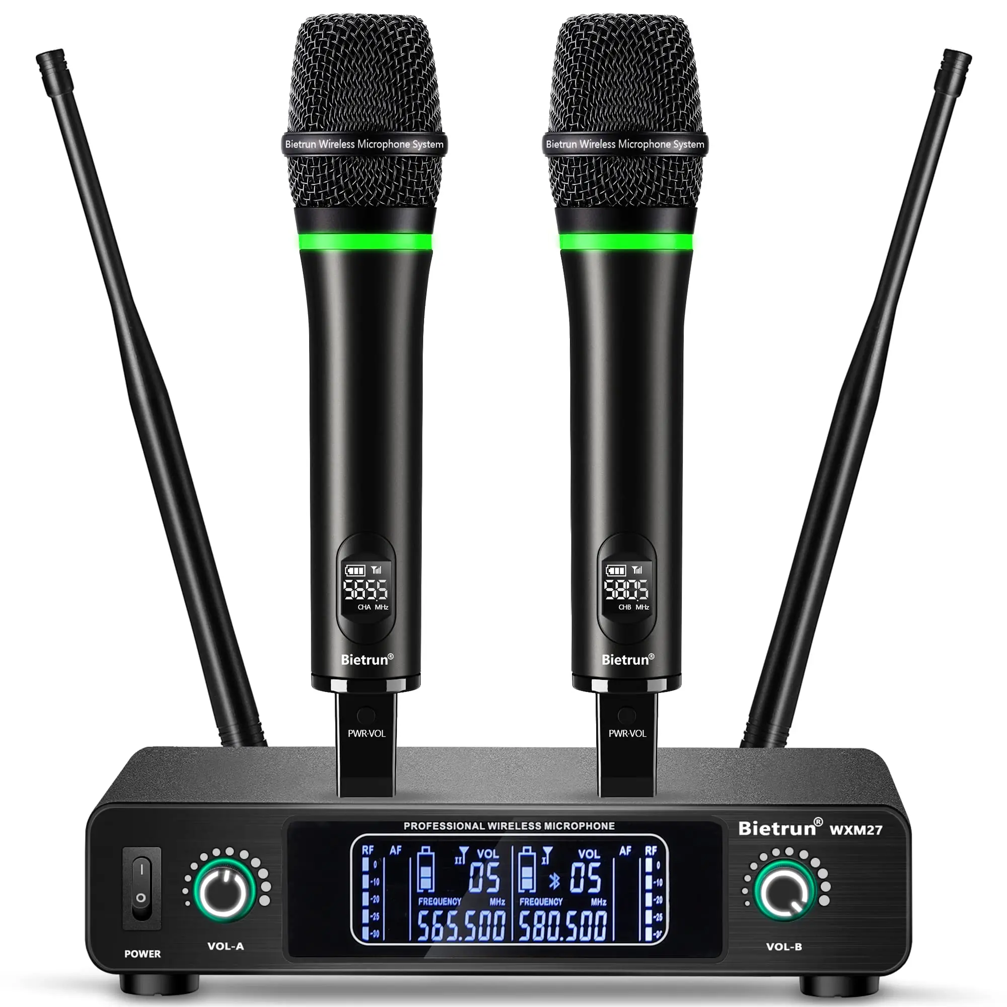 Bietrun Wireless Microphone System - Rechargeable Metal Dual UHF Cordless Dynamic Handheld Mics, 240ft Range, Bluetooth Receiver, Plug-Cable, Noise Reduction, Fast Charging, High-Quality Audios, Connection for Church, Podcast Setup, Business, Home Karaoke