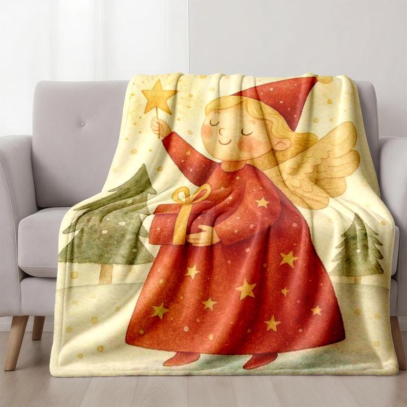 1 piece Festival Blessings Little Angel themed flannel blanket - Oversized fluffy flannel sofa blanket, suitable for beds and sofas, modern design, all-season use, digitally printed pattern, 100% polyester material, machine washable, suitable for