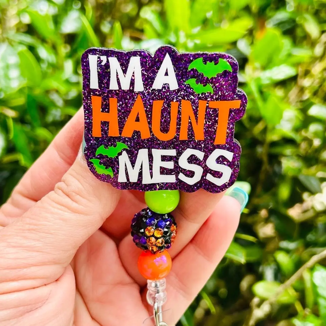 I’m A Haunt Mess Halloween Badge Reel, Gift for her, Nurse Badge, Office ID Lanyard, Teacher Badge Holder, Retractable Glitter Lanyard
