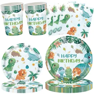 68 Piece Dinosaur Party Supplies Set, Birthday Party Decoration Watercolor Dinosaur Pattern Disposable Tableware Set Includes Plates Cups Napkins, 16 People