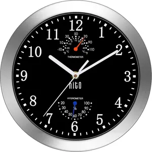 10 Inch Silent Wall Clock Battery Operated Non Ticking Glass Cover Silver Aluminum Frame for Kitchen, Bedroom, Home Office, Living Room Decor (Black)