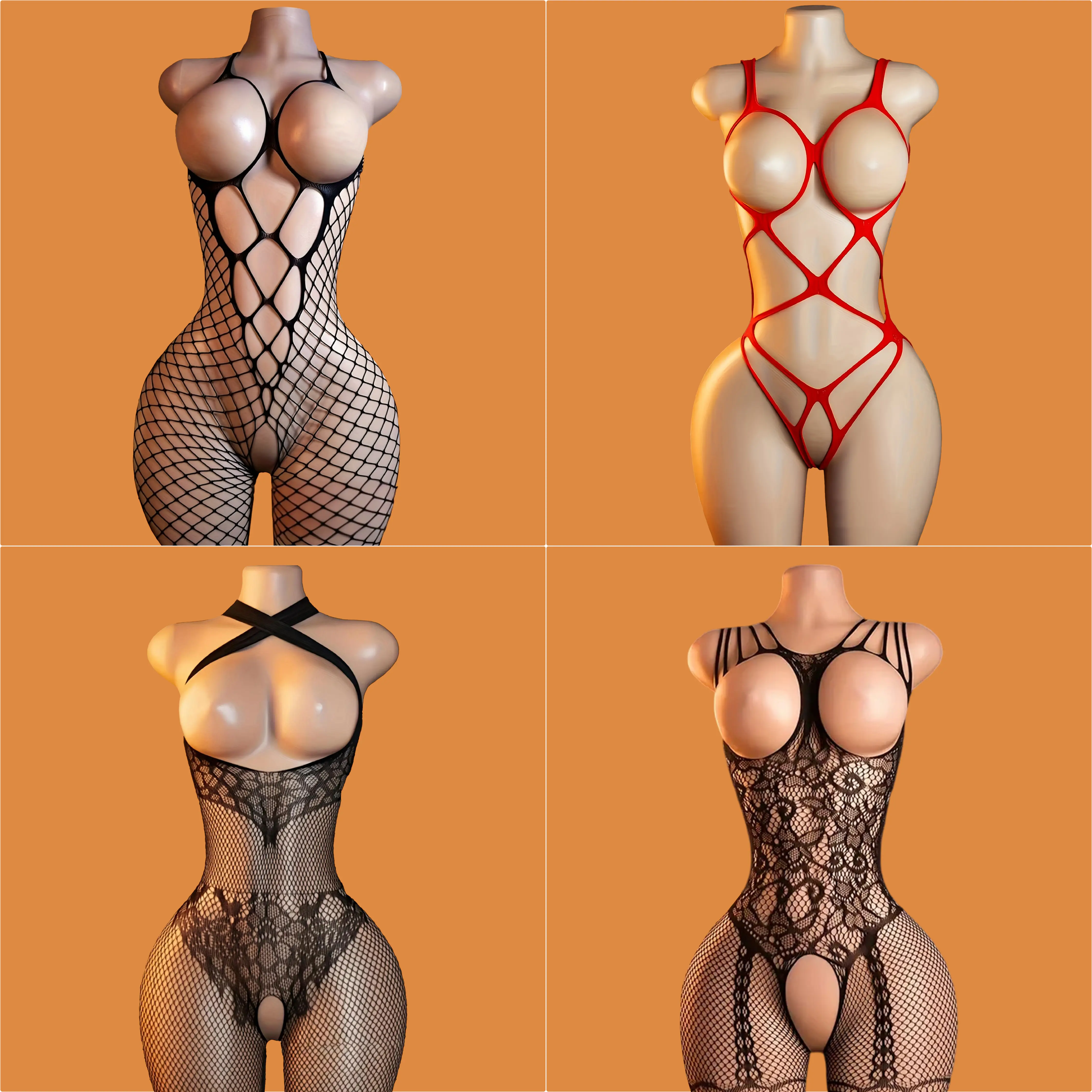 Women's 4-Piece Intimate Apparel Set - Elegant Underwear for Women, Black Mesh Corset, Red Lace Babydoll, Black Fishnet Garter, Minimalist Floral Christmas Sheer Seductive Lingerie