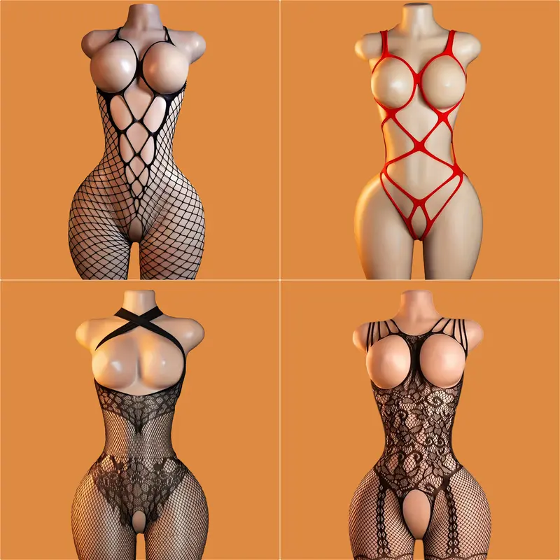 Women's 4-Piece Minimalist Elegant Basic Lingerie Set - Polyester One Size Teddy, Corset, Fishnet Bodysuit, Babydoll with Sheer Cut-Outs, Lace-Up Women's Clothes Feminine Adult Items Intimate Nightwear Gift