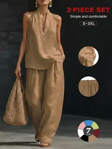 2026 Women's Linen Halter 2-Piece Set, Casual Sexy V-Neck Sleeveless Top, High Waisted Wide Leg Pants, Summer Tummy Control