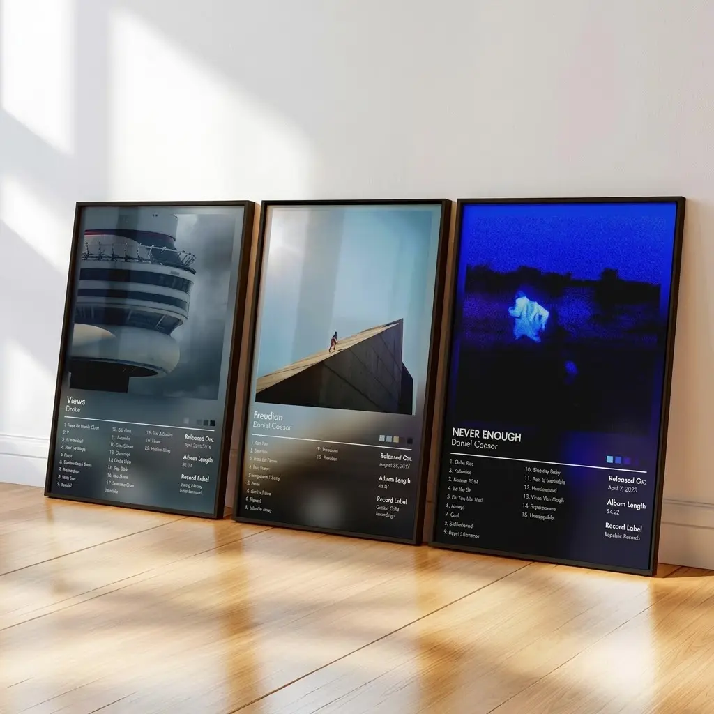 Set of 3 Album Posters Black And White, No Frame