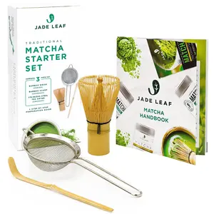 match a tools Jade Leaf Matcha Traditional Starter Set - Bamboo Matcha Whisk (Chasen), Scoop (Chashaku), Stainless Steel Sifter, Fully Printed Handbook - Japanese Tea Set