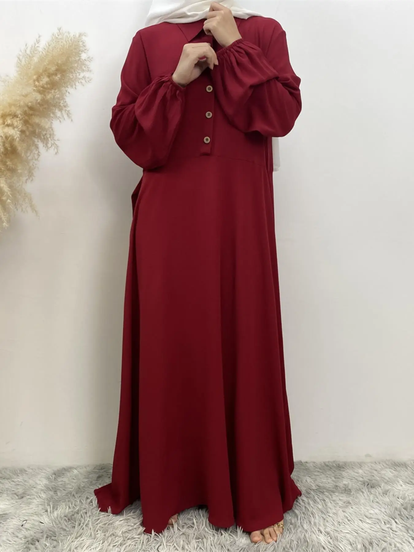 Women's Plain Bishop Sleeve Button Front Knot Front A Line Dress, Modest Long Sleeve Collared Maxi Dress for Spring & Fall, Women's Islamic Clothing f