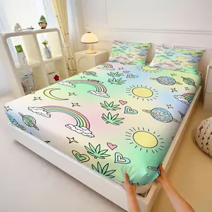 3PcsPsychedelic Whimsical Pattern Fitted Sheet Set, Hippie Retro Pastel Gradient Bedding Set with Suns, Colorful Cartoonish Digital Printed Bed Sheets for Bedroom Decor, Lightweight & Soft Microfiber Bedding, Includes 2 Pillowcases, No Pillow Core