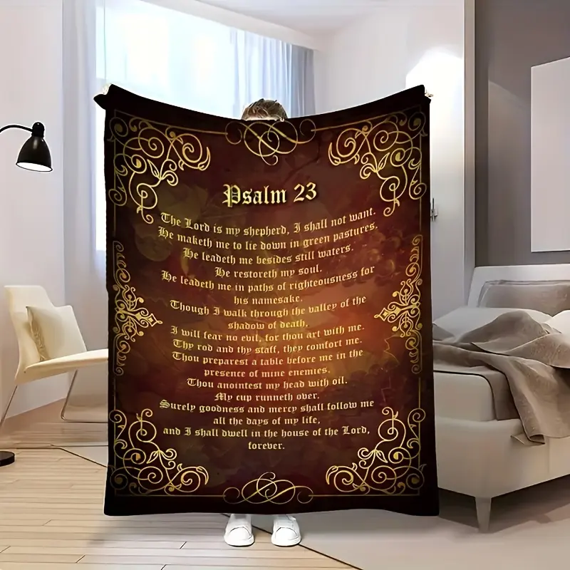 Psalm 23 Inspirational Flannel Cozy Blanket - Soft, Warm, Durable, Elegant Golden Swirl Design - Machine Washable All-Season Gift for Home, Camping - Textiles Bedding Linens Throw