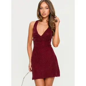Hypnotise Ruched Halter Mini Dress Burgundy Shimmer