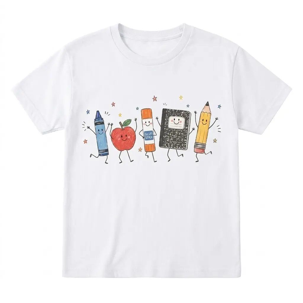 Cute School Supplies Graphic T-Shirt - Back To School Spirit Shirt, Teacher Crayon Apple Pencil Notebook Top, Casual Round Neck Crewneck Lightweight Cotton Tee for Women, Black Womenswear