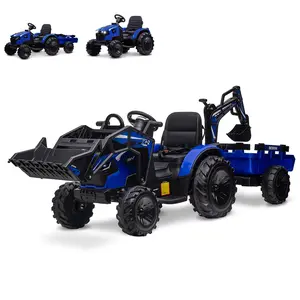 3 in 1 Kids 24V Ride On Tractor,Excavator & Bulldozer,Electric Vehicle w/Trailer,Digger,Shovel Bucket,Remote Control,EVA Tires,LED Lights,Music & USB,Ride On Car Toy,Blue