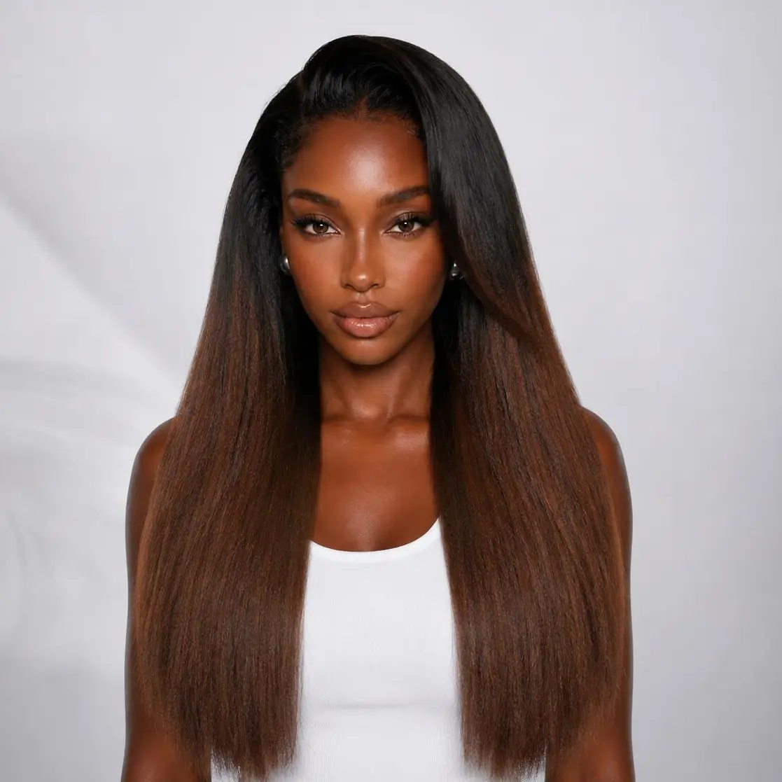AliPearl Glueless Ombre Brown Yaki Straight 13x6 Lace Front Wig  Ready To Go Human Hair Pre Cut Pre Plucked