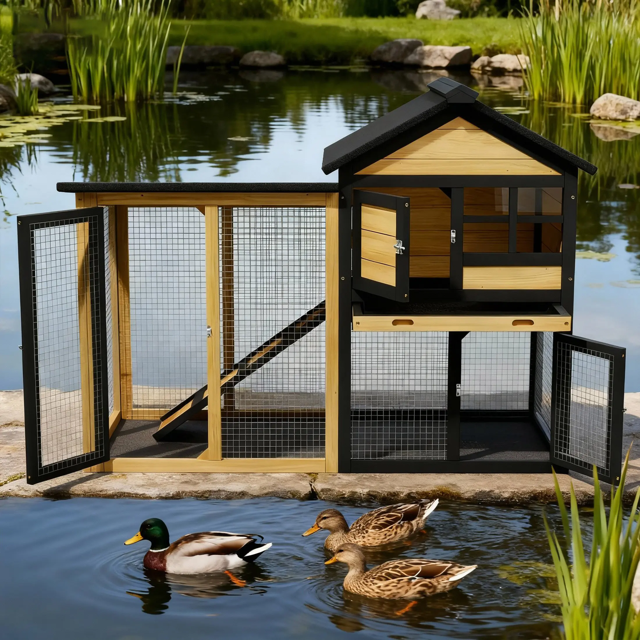 Weatherproof Duck Coop and Wire Mesh Run,Wooden Backyard Duck House with Nesting Box,Indoor Rabbit Hutch with Tray,46.9",Yellow