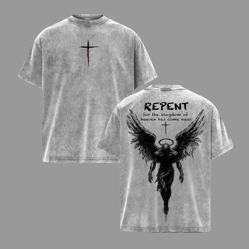 Repent Vintage Washed Oversized Christian T-Shirt, Angel Wings Faith Graphic Tee, “Kingdom of Heaven Has Come Near” Gospel Streetwear Top, Heavy Cotton Unisex Retro Worship Shirt Gothic Patterned