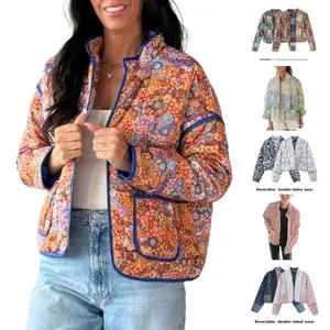 Ommig Women's Cropped Floral Quilted Jacket Cardigan Printed Lightweight Open Front Padded Puffer Coat