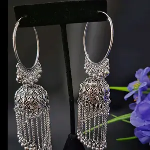 Oxidise Balia Earrings with Decorative Design and Tassel, Silver Finish, Elegant Style for Everyday Wear