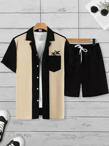 Men's Colorblock Short Sleeve Set, Fitted, Stylish Casual Vacation Style, Tropical Palm Tree Decor Shirt, Contrast Stitching, Drawstring Shorts