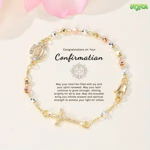Catholic Crucifix Rosary Bracelet for Women, TWomen's Gold Virgin Mary Bracelet with CZ Paved Charm, Non Tarnish Dainty Religious Jewelry,Catholic Faith Baptism Confirmation Gift for Her  High Quality Bracelet beach outfits beach vacation summervibes