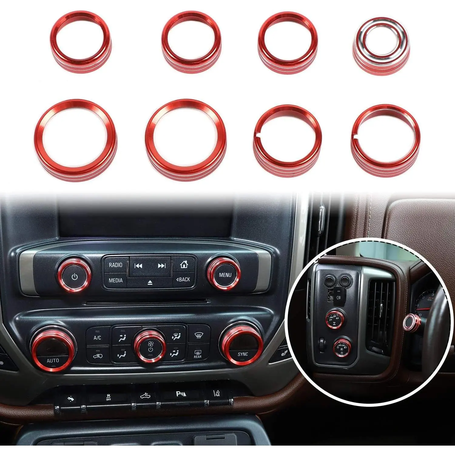 for Silverado Radio AC Knobs Air Conditioner  Button Center Console  Knob Cover Trim for 2014-2018 Chevy Silverado  Sierra Accessories Aluminum Alloy, Red 8 count
