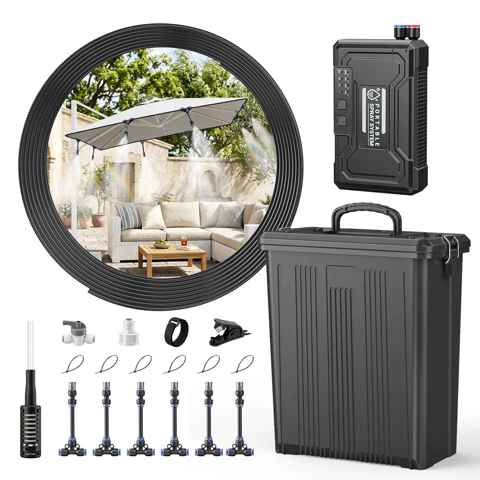 Portable 4-Gal Outdoor Misting System, Fine Mist & Liquid Spraying Watering Equipment with 15000mAh Rechargeable Pump, 33FT Hose; Fill, Connect, and Mist for Patio, Canopy Tents, Umbrellas, Greenhouses