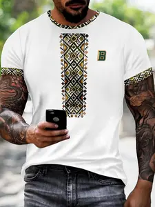Men's Summer Geometric Ethnic Style Fake Tie Printed Short Sleeve Fitted T-Shirt, Casual American College Wind Top, Perfect Daily Wear Gift Choice, Menswear