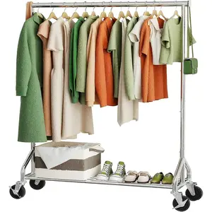 Heavy Duty Clothes Rack Load 450 LBS, Rolling Garment Rack with Sturdy Wheels & Shelves, Standing Clothing Rack for Hanging Clothes, Portable Closet Wardrobe Rack for Bedroom Storage, Chrome