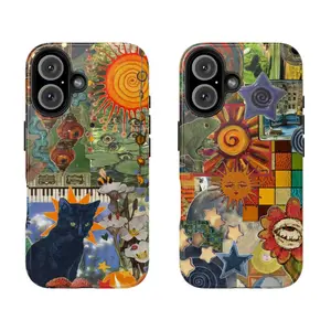 Whimsical Cats and Sun Motifs Collage Phone Case– Girly Aesthetic Cats Vibrant Art Phone Case – Fits iPhone X to 17 Pro Max, Samsung Galaxy S21 to S25, Charming Floral and Animal Tough Case