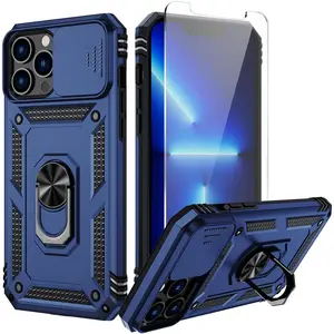for iPhone 13 Pro Max Case Slide Camera Cover HD Screen Protector Heavy Duty Military Grade Shockproof Magnetic Ring Holder Kickstand Phone Case for iPhone 13 Pro Max,Navy Blue