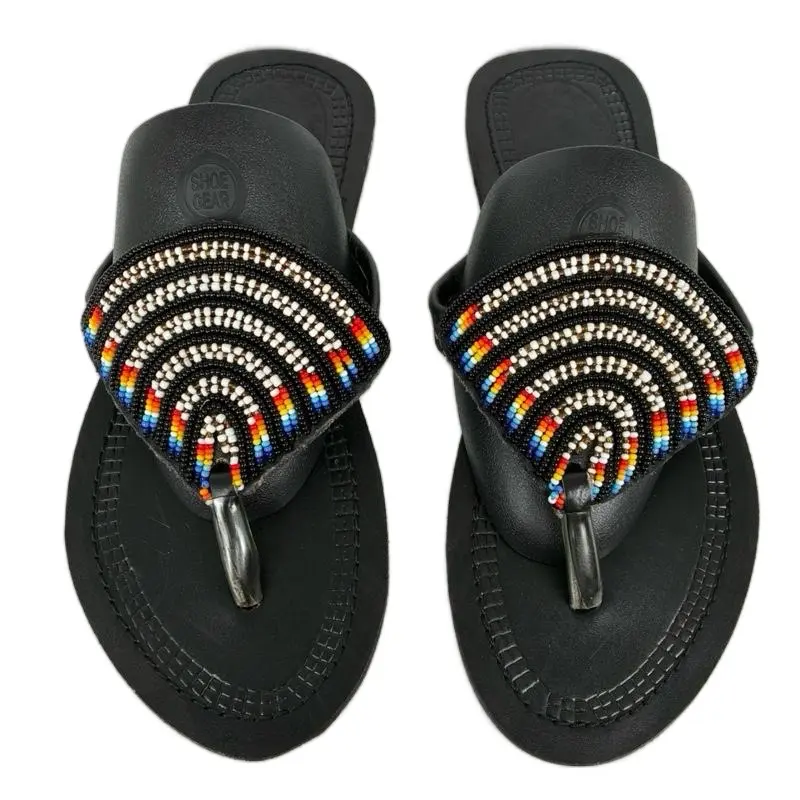 African Handmade Beaded Black Leather Sandals with Colorful Rainbow Beads and Metal Tip