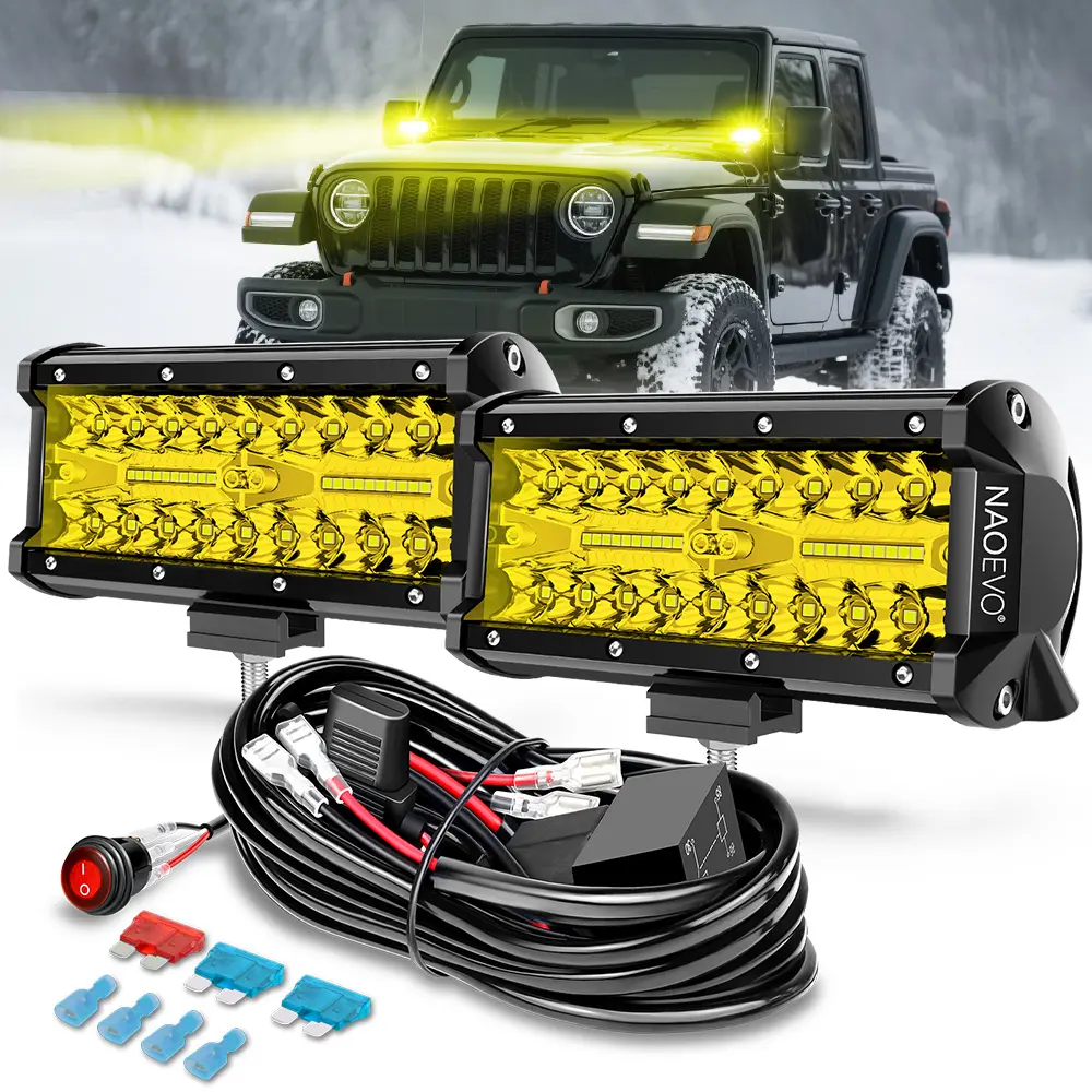 NAOEVO 7 Inch Yellow LED Light Bar, 240W 24,000LM Offroad Fog/Driving Lights LED Pods with 2 Leads Wiring Harness Kit, Spot & Flood Work for Truck Boat UTV ATV, 2-Pack (Yellow)