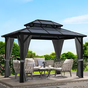 Flash sale home items Permanent Hardtop Gazebo Outdoor Pavilion, Double Polycarbonate Roof, Sturdy Aluminum Frame, Curtains & Netting, Sun & Rain Protection Outdoor Shelter for Patio, Garden, Backyard, Lawn - Gray