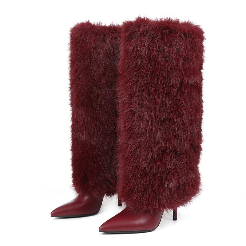Womens Faux Fur Boots Winter Boots Knee High Boot Pointed Toe Stiletto High Heels Side Zipper Long Tall Wide Calf Pull On Comfy Christmas Party Elegant Nightclub Outdoor Fall Autumn Flurry Fuzzy Booties Fashion Shoes