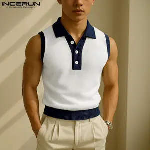 INCERUN Men's Classic Ribbed Old Money Knit Polo Vest, Menswear Clean-Fit Sleeveless Tops, Fashion Casual Shirt