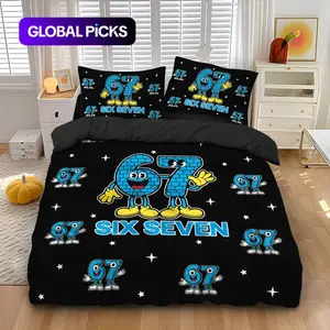 67 Internet Meme-Themed 3-Piece Bedding Set, Bedroom Bedding Set (1 Duvet Cover + 2 Pillowcases), "67 Digital Party" Cartoon Print for Room Decor, Trendy Digital Enthusiasts and Gift Giving GLOBAL PICKS