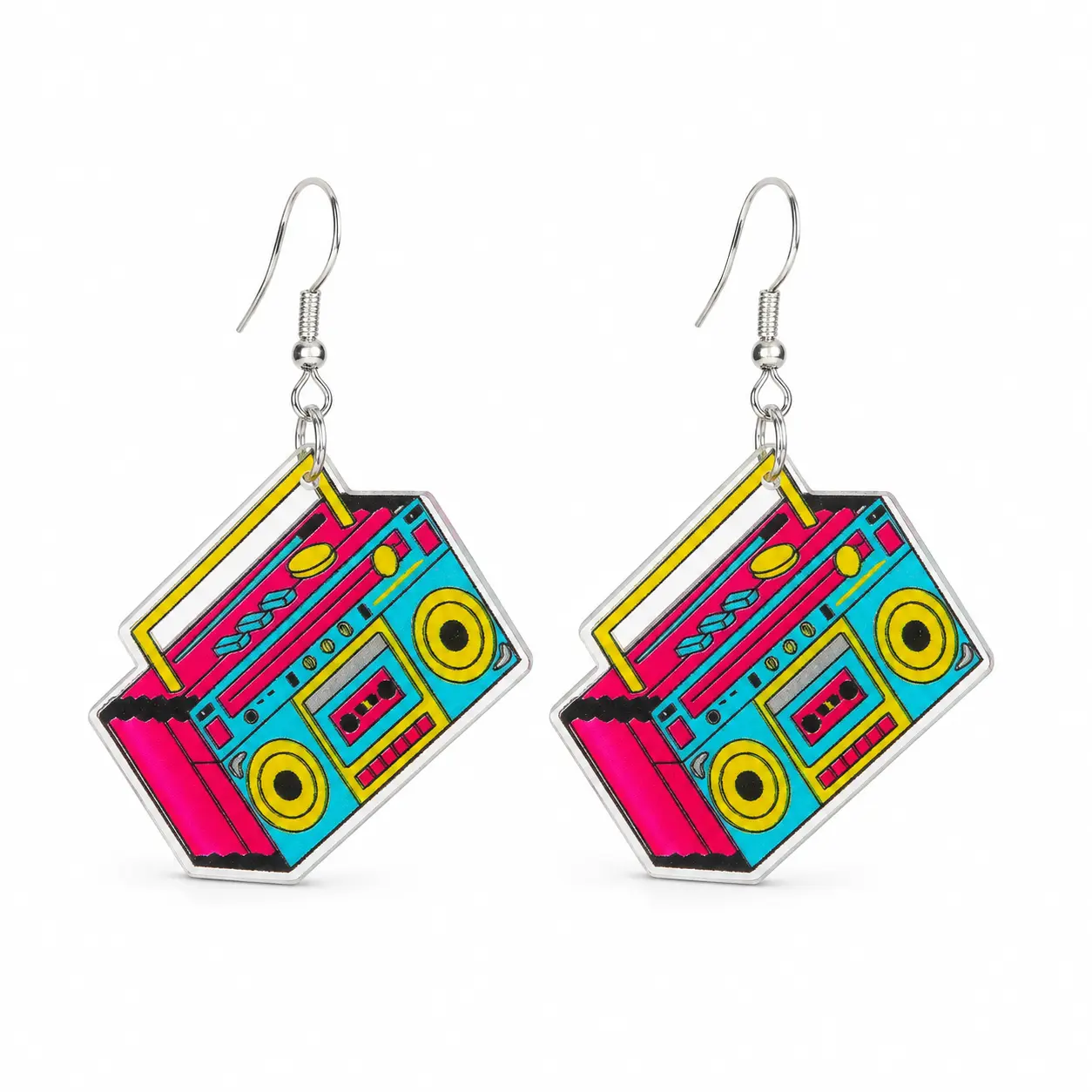 Vintage Boombox Earrings for Women, Colorful Acrylic Radio Cassette Tape Drop Earrings, Retro Y2K Statement Jewelry
