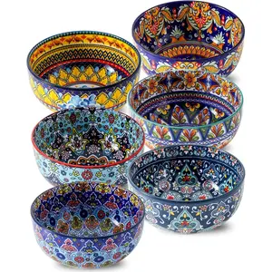 Cereal Bowls, 26 Oz Ceramic Soup Bowl Set of 6, Colorful Bowl for Kitchen Cooking, Ideal for Rice Oatmeal Fruit Ice Cream Dessert, Dishwasher & Microwave Safe, Bohemian