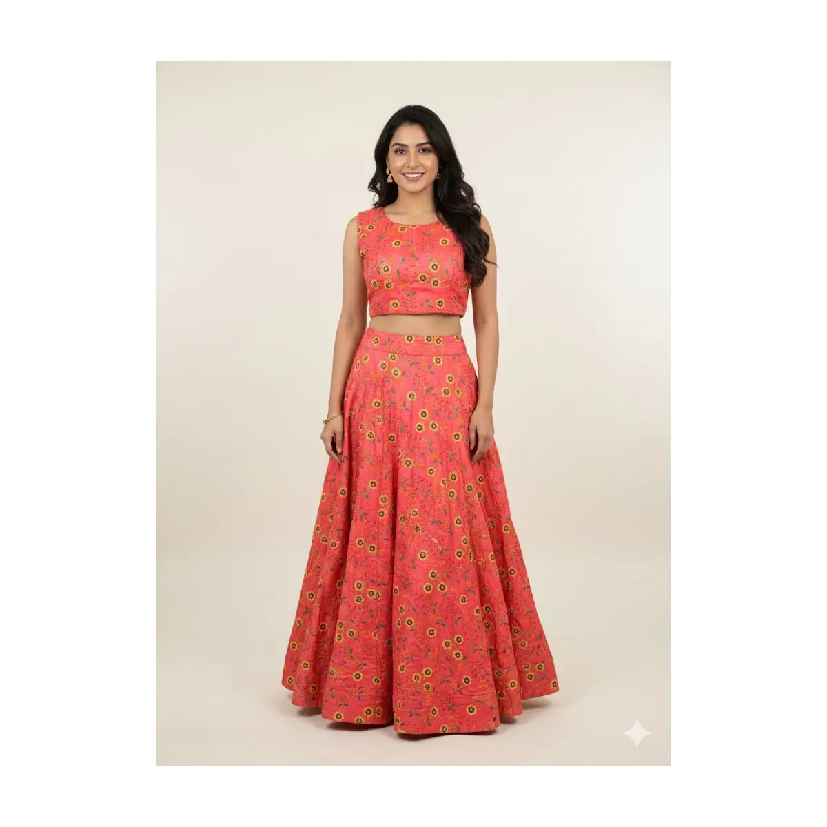 K26 Vibrant Hot pink/orange Floral Embroidered Lehenga Set (Top + Skirt)