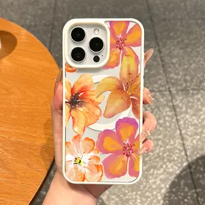 Vintage Magnetic Silicone TPU Smartphone Case - Aesthetic Orange Floral Cover, Lightweight, Shockproof, Scratch-Resistant, Waterproof Casing for iPhone 11-17, XS, XR, E, Pro Max, Plus Devices